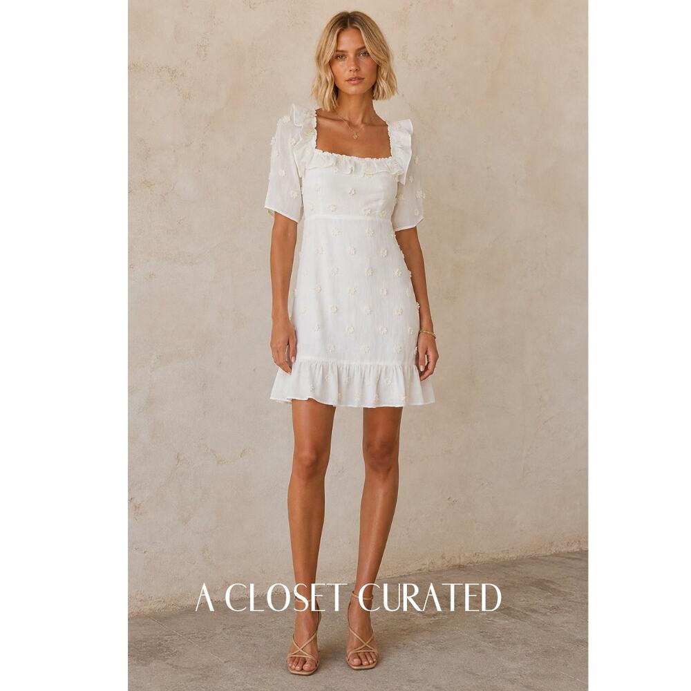 Rixo Camile Floral Appliqué Cotton Gauze Mini Dress Small Ivory